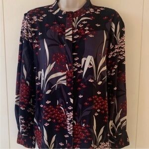 Ann Taylor Petites Navy Blue Burgundy White Floral Print Button Up Blouse Sm Pet